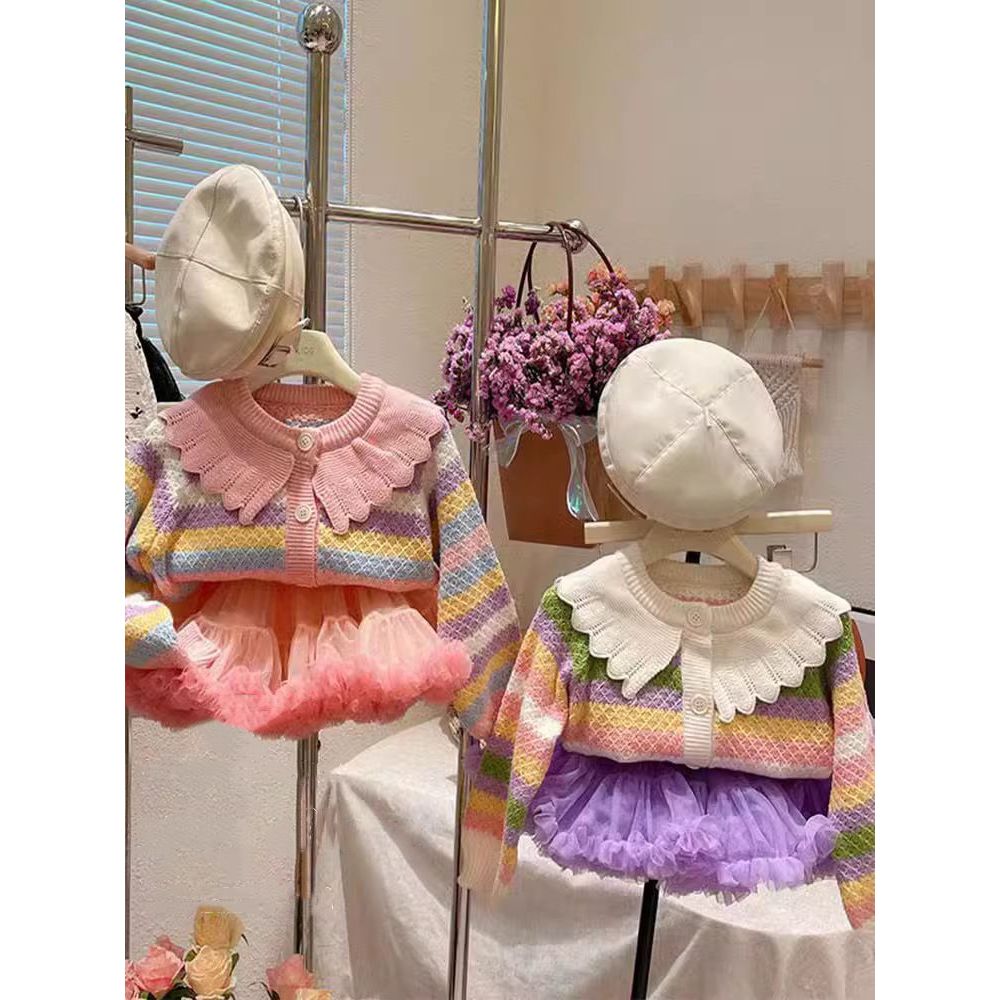 儿童甜美花边娃娃领彩虹条纹系扣针织毛衣女宝2025春秋装外套上衣