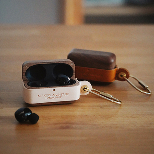 MISKSOLA复古手工真皮实木sony WF-1000XM5蓝牙耳机壳保护套新款降噪豆纯铜植鞣皮黑胡桃木原创设计