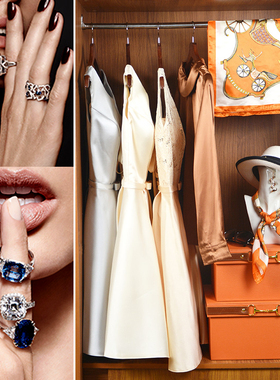 样板房间全屋定制衣柜橙色饰品衣帽间服饰鞋包礼服高跟鞋摆件软装