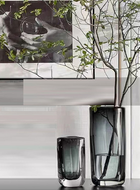 现代轻奢灰色玻璃花器加厚样板间民宿客厅电视柜桌面花插琉璃饰品