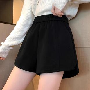 高腰松紧腰休闲小个子宽松外穿短裤 新款 女2024秋冬季 黑色毛呢短裤