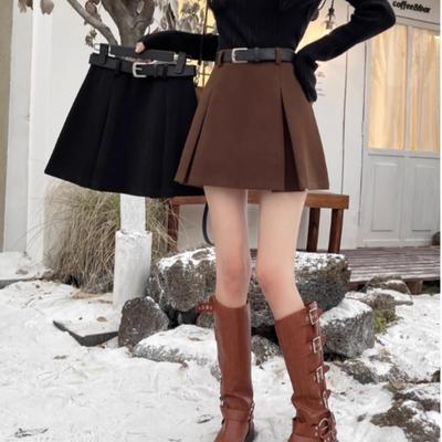 毛呢A字半身裙遮胯包臀百褶短裙