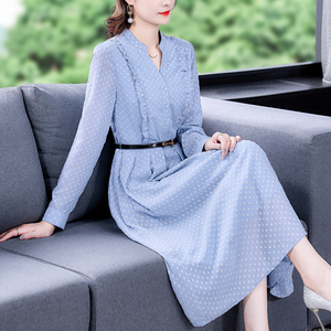 RM6201#新款女士气质收腰中长款裙子长袖提花连衣裙女秋装