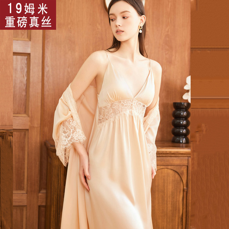 新款19姆米重磅丝滑真丝睡衣女夏100%桑蚕丝性感吊带睡裙真丝浴袍