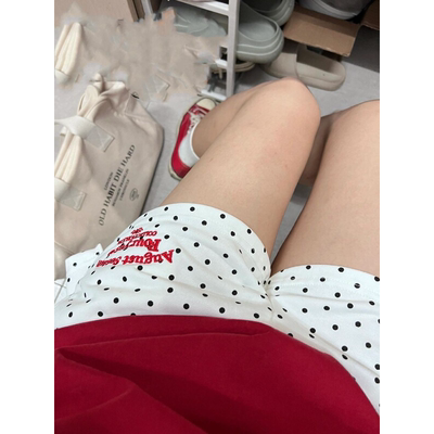 美式白色波点刺绣字母短裤新款夏季高腰休闲运动三分宽松阔腿热裤