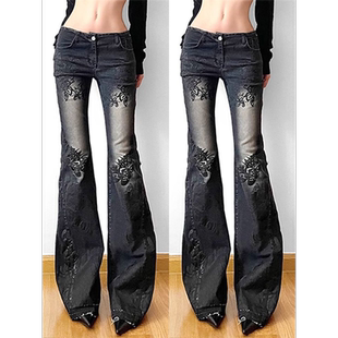 美式复古微喇叭牛仔裤女y2k亚文化显瘦低腰辣妹风设计感亚比裤子