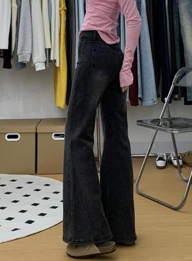 黑灰色复古牛仔裤女新款喇叭裤显瘦弹力高腰设计感阔腿百搭马蹄裤