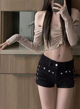 黑色暗黑y2k牛仔超短裤女新款辣妹低腰弹力显瘦包臀直筒热裤美式