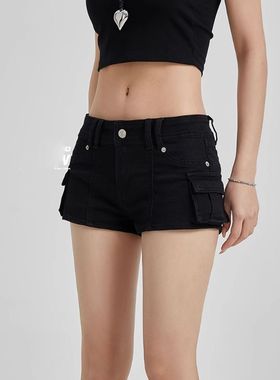 美式辣妹工装低腰口袋黑色牛仔短裤女弹力显瘦直筒新款提臀热裤子