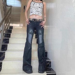 复古印花美式水洗高街微喇低腰牛仔裤亚文化修身显瘦辣妹y2k裤子
