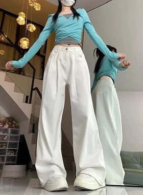 阔腿白色褶皱设计牛仔裤女春秋高腰宽松直筒垂感百搭显瘦裤子拖地