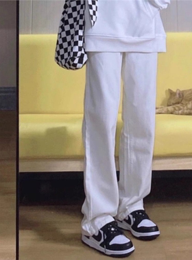白色高腰直筒牛仔裤女韩版显瘦宽松百搭新款ins遮肉秋季阔腿裤子