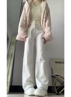 美式复古白色直筒牛仔裤女新款高腰宽松显瘦休闲气质通勤阔腿裤子