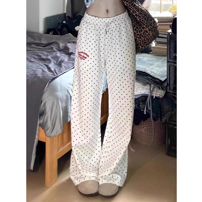 美式复古白色刺绣休闲裤女宽松高腰垂感拖地直筒辣妹百搭阔腿裤子
