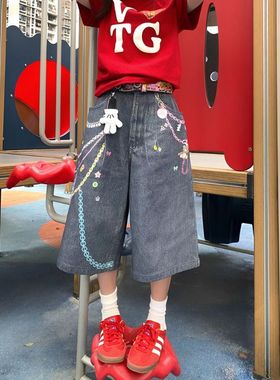 蓝色复古做旧趣味链条短裤女美式辣妹街头褶皱设计胖mm牛仔七分裤