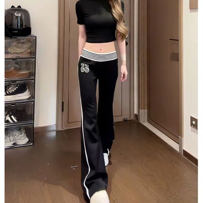 美式条纹低腰休闲裤女新款显瘦百搭运动辣妹弹力阔腿高级感马蹄裤