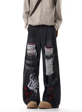 亚文化朋克牛仔裤女直筒美式街头风小众设计感嘻哈宽松显瘦阔腿裤