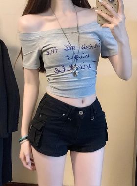 美式复古黑色工装牛仔短裤女弹力辣妹百搭显瘦弹力千禧包臀热裤子