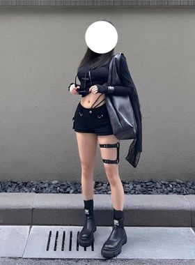 辣妹y2k黑色高街牛仔超短裤低腰弹力紧身新款显瘦美式包臀热裤子