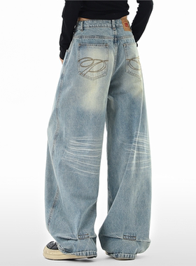 大码美式高街水洗蓝色弯刀牛仔裤女口袋刺绣设计宽松阔腿拖地长裤