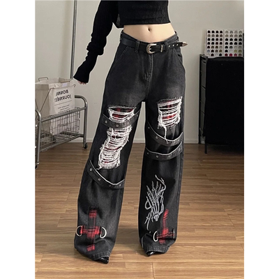 美式街头小众嘻哈朋克风破洞牛仔裤女重工拼接阔腿辣妹百搭直筒裤