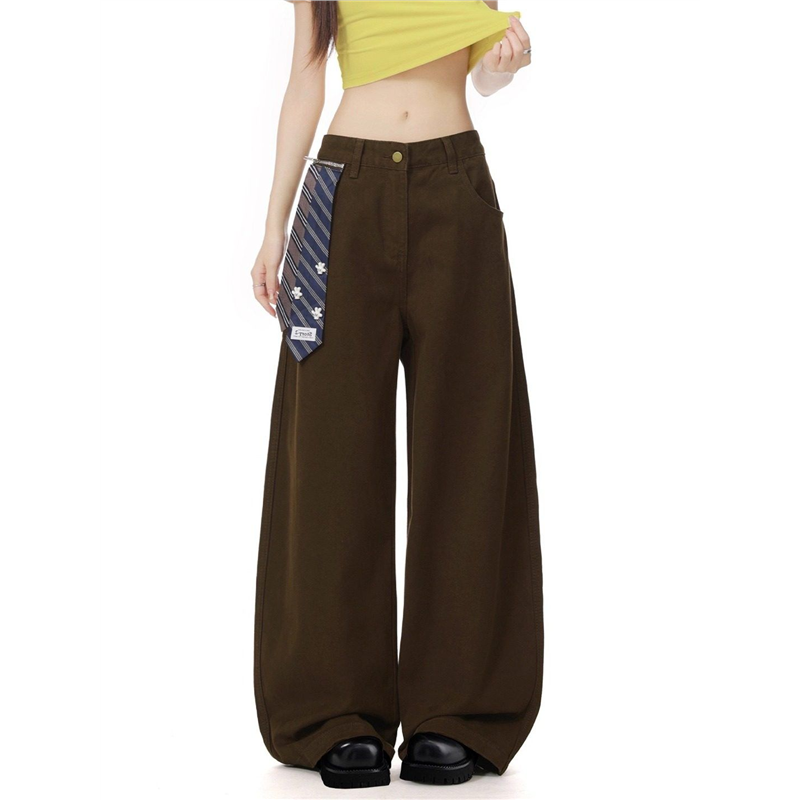 复古咖啡色领带拼接休闲牛仔工装裤女新款阔腿裤美式辣妹垂感裤子,女装/女士精品,牛仔裤,淘宝优惠券,粉丝福利购,淘宝优惠卷