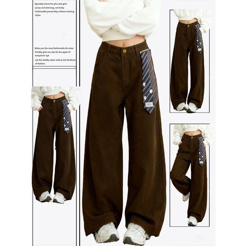 大码女装胖mm美式复古领带装饰阔腿牛仔裤女辣妹高腰显瘦直筒裤子,女装/女士精品,牛仔裤,淘宝优惠券,粉丝福利购,淘宝优惠卷