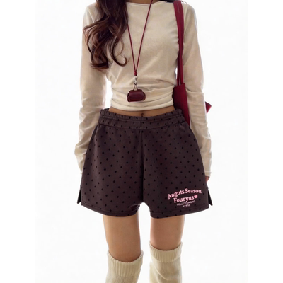 美式复古灰色波点运动短裤女夏高腰宽松字母刺绣a字休闲外穿热裤