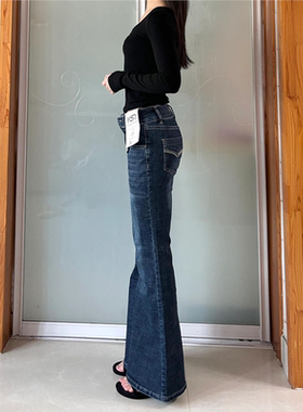 蓝灰色双扣微喇牛仔裤女低腰提臀显瘦弹力百搭刺绣设计拖地马蹄裤