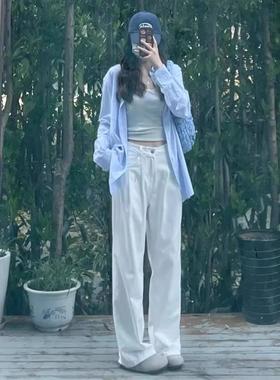 白色褶皱阔腿牛仔裤女新款设计感高腰宽松显瘦直筒窄版百搭拖地裤