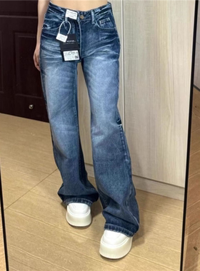 复古不贴腿微喇叭牛仔裤女新款宽松显瘦直筒高腰百搭阔腿拖地裤子