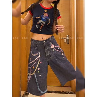 美式辣妹设计感多链条装饰图案牛仔裤子女复古高街3D彩印辣妹七分