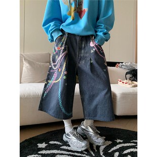 美式复古彩色链条牛仔七分裤女宽松显瘦百搭辣妹亚比新款阔腿短裤