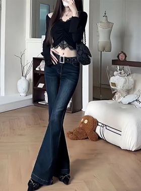 美式复古新款喇叭蓝灰色牛仔裤女修身显瘦辣妹千禧马蹄弹力阔腿裤
