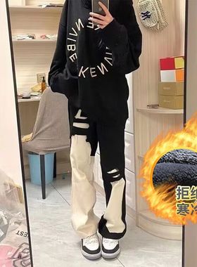 黑色复古直筒牛仔裤女冬季水洗做旧高腰显瘦加绒加厚窄版烟管长裤