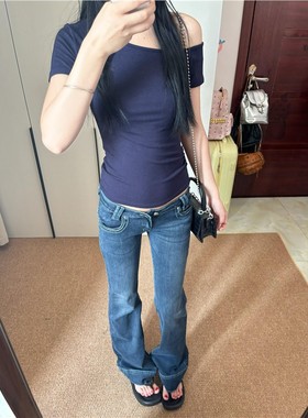 深蓝色美式低腰微喇牛仔裤女设计感弹力修身外穿拖地高级感阔腿裤