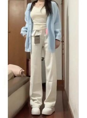 白色窄版阔腿牛仔裤女高腰宽松显瘦不贴腿韩版百搭ins风直筒裤子