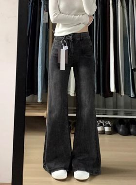 黑灰色阔腿微喇牛仔裤女新款复古高腰设计感弹力马蹄拖地喇叭长裤