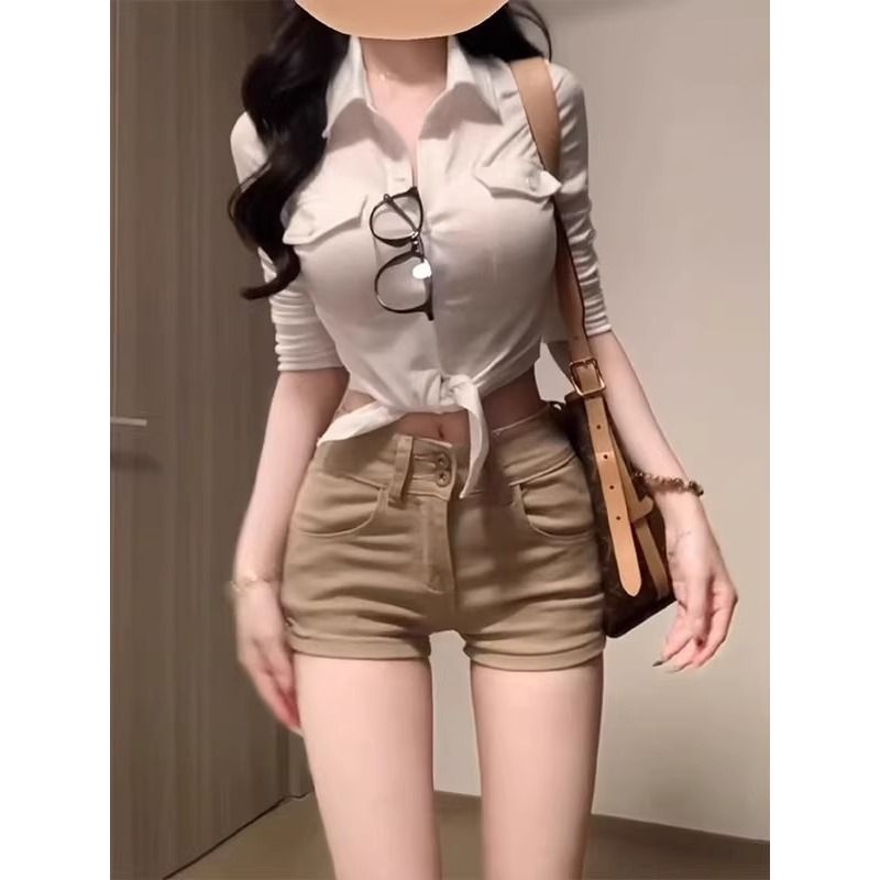 浅色卡其牛仔短裤女新款显瘦直筒弹力紧身百搭千禧气质包臀热裤子