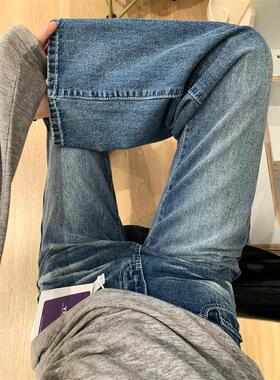 设计感折痕微喇叭裤秋冬新款复古蓝水洗高腰宽松显瘦梨形牛仔裤女