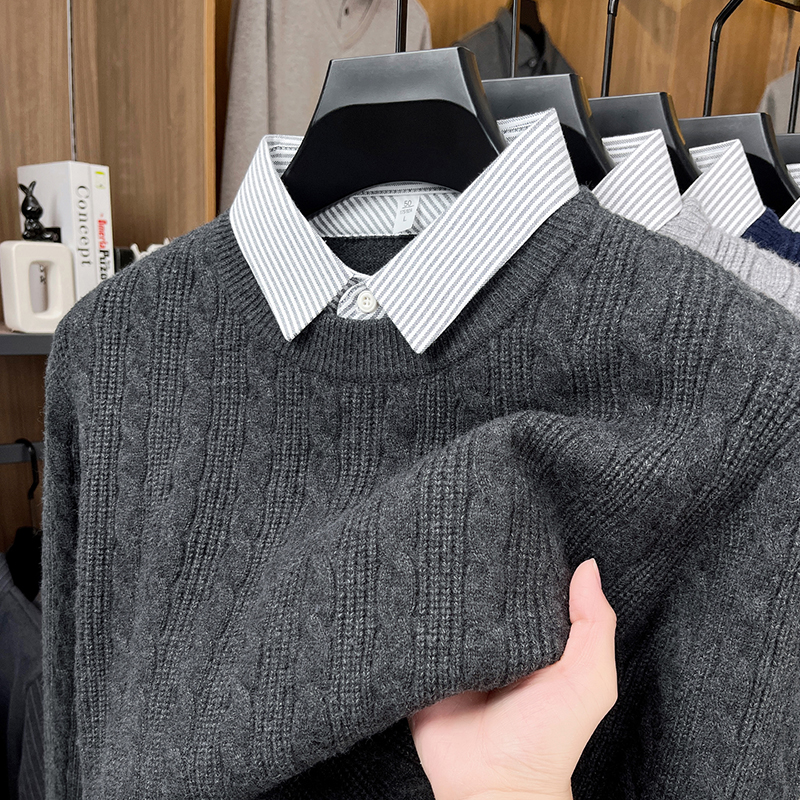 北极狼假两件衬衫领针织衫男加厚保暖毛衣冬季套头打底衫