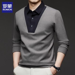 罗蒙假两件长袖t恤男士春季新款拼色翻领休闲polo衫羊毛卫衣男装