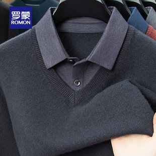 100羊毛罗蒙V领假两件羊毛衫男士厚款秋冬季衬衫领毛衣休闲上衣MF