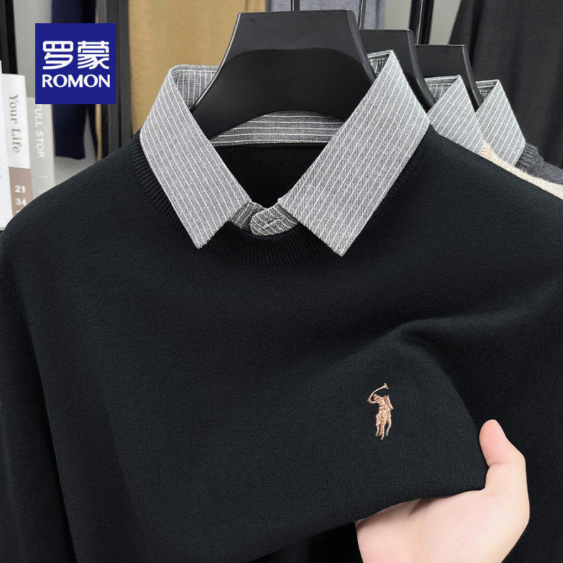 罗蒙轻奢刺绣休闲男士百搭衬衫领绵羊毛毛衣针织衫长袖打底假两件