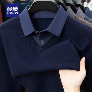 100羊毛罗蒙V领假两件羊毛衫男士厚款秋冬季衬衫领毛衣休闲上衣MF