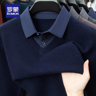 100羊毛罗蒙V领假两件羊毛衫男士厚款秋冬季衬衫领毛衣休闲上衣MF