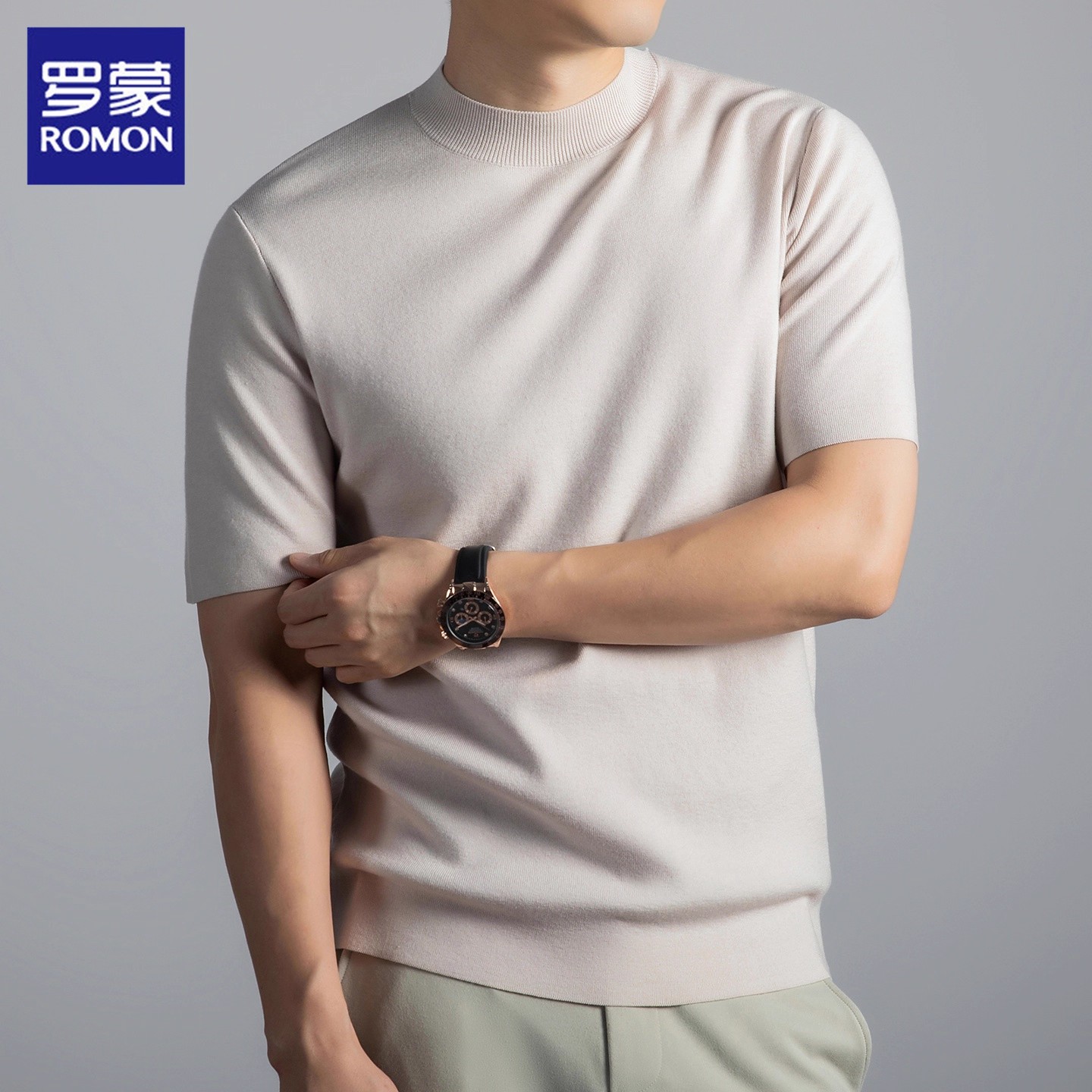 罗蒙羊毛针织衫男士秋季新款纯色修身打底线衣服半高领短袖毛衣男