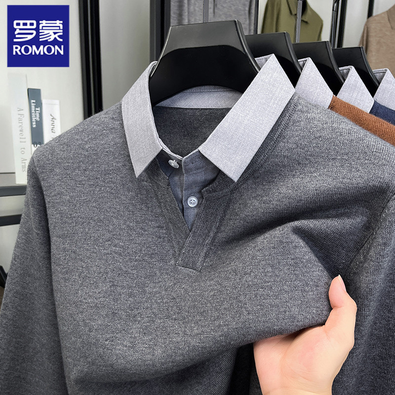 罗蒙假两件针织衫男V领套头春秋季2025新款休闲百搭秋装内搭毛衣