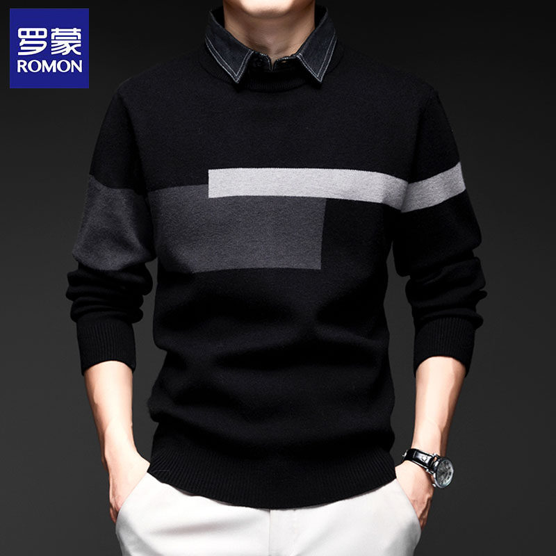 罗蒙假两件针织衫男衬衫领慵懒高级拼接毛衣男商务休闲春秋款内搭