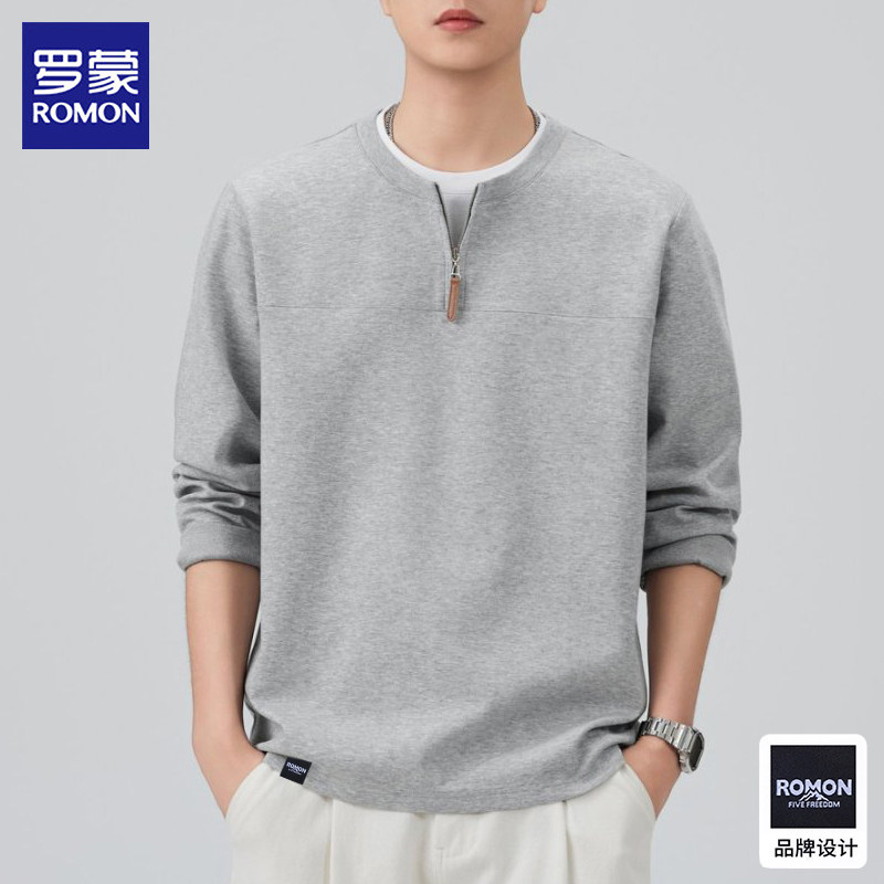 罗蒙半拉链卫衣男士2025秋冬新款加绒休闲圆领假两件长袖t恤男装